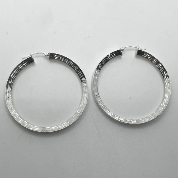 Vtg Sterling Silver Large Textured Etched Hoop Earrings / 2” - Picture 3 of 8